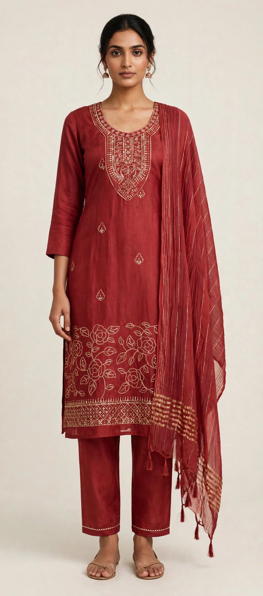 3 PC Kurta Set with Fabric Work - Cotton Dress