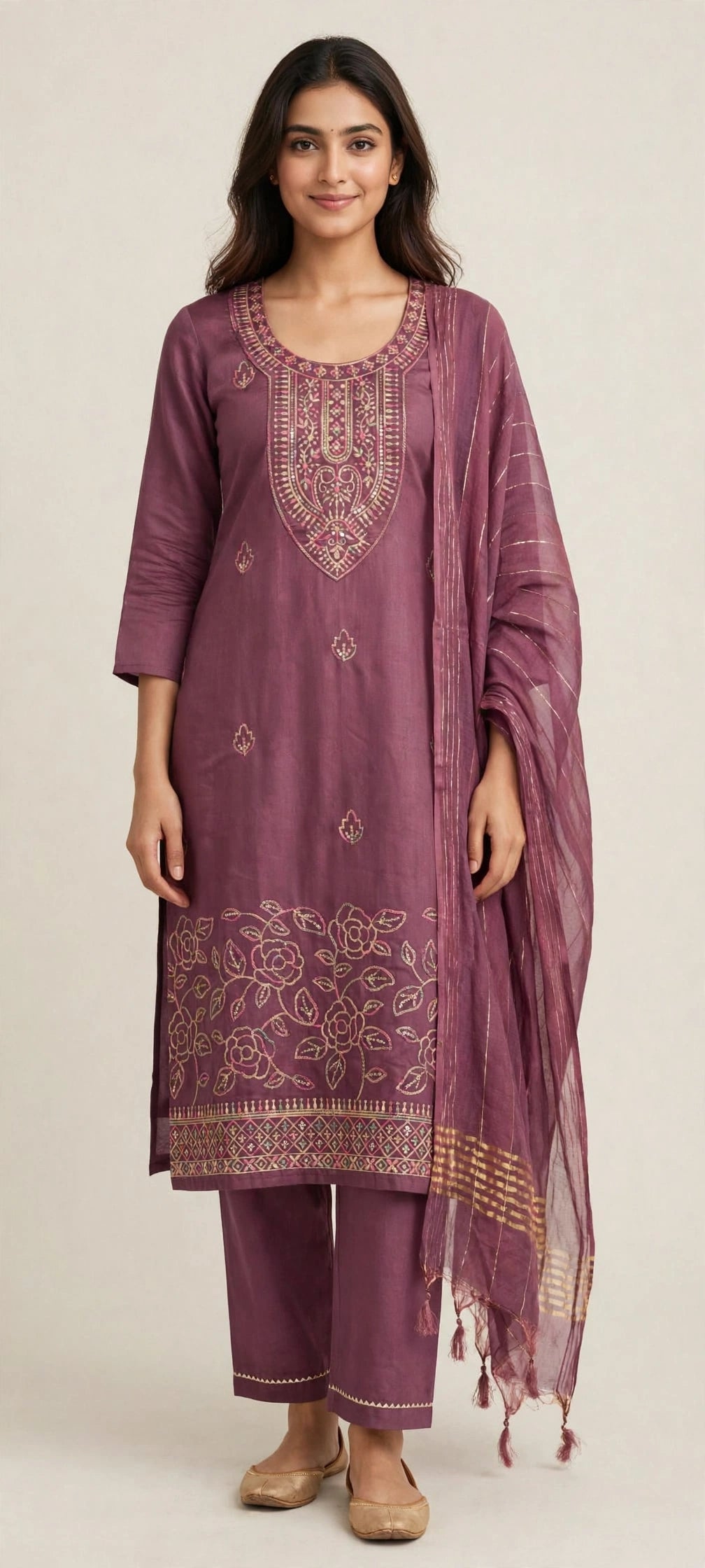3 PC Kurta Set with Fabric Work - Cotton Dress