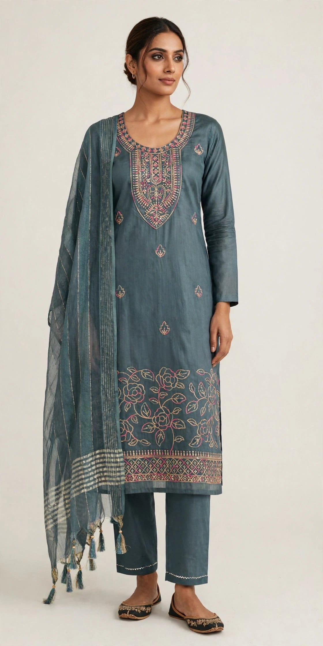 3 PC Kurta Set with Fabric Work - Cotton Dress