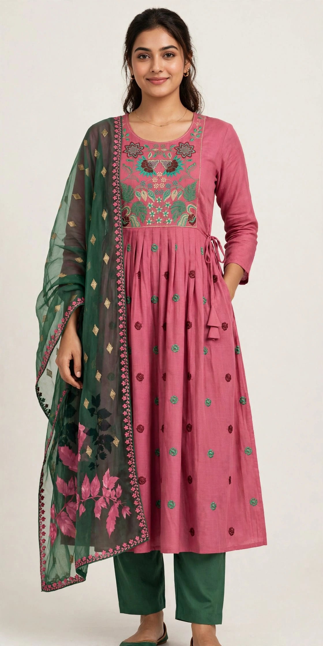 3 PC Set Women Kurti  with Pocket- Cotton Slub with Embroidery