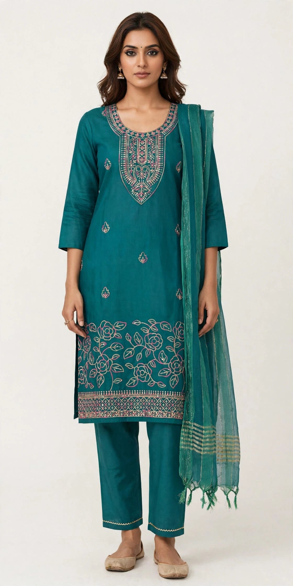 3 PC Kurta Set with Fabric Work - Cotton Dress
