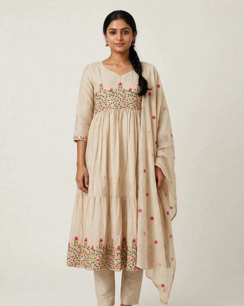 Alarika Beige Floral Embroidered Tiered Anarkali Kurta Set with Dupatta - Cotton Festive Wear