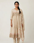 Alarika Beige Floral Embroidered Tiered Anarkali Kurta Set with Dupatta - Cotton Festive Wear