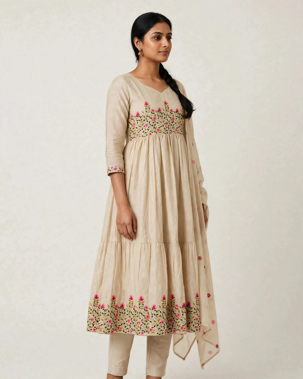 Alarika Beige Floral Embroidered Tiered Anarkali Kurta Set with Dupatta - Cotton Festive Wear