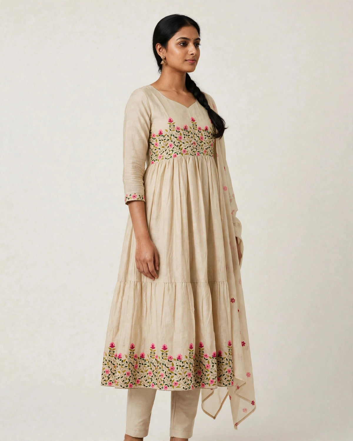 Alarika Beige Floral Embroidered Tiered Anarkali Kurta Set with Dupatta - Cotton Festive Wear