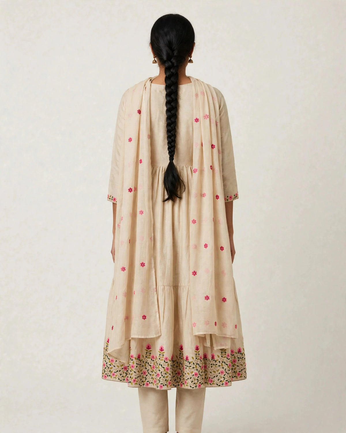 Alarika Beige Floral Embroidered Tiered Anarkali Kurta Set with Dupatta - Cotton Festive Wear