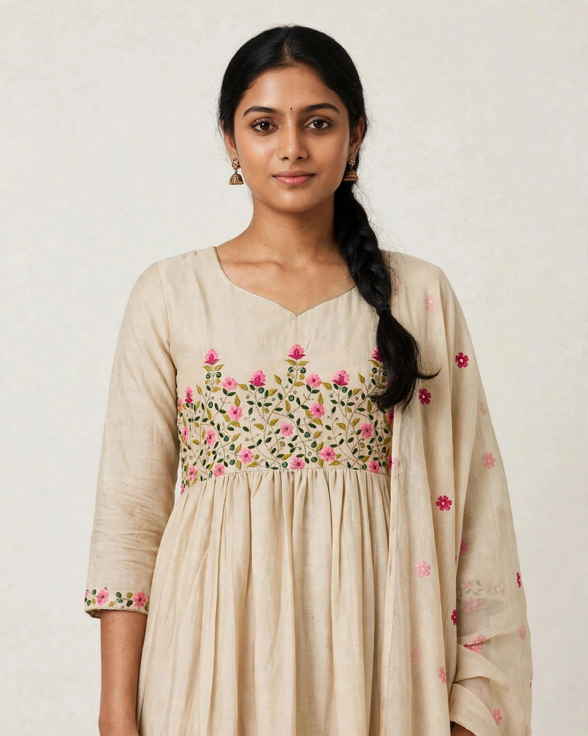 Alarika Beige Floral Embroidered Tiered Anarkali Kurta Set with Dupatta - Cotton Festive Wear