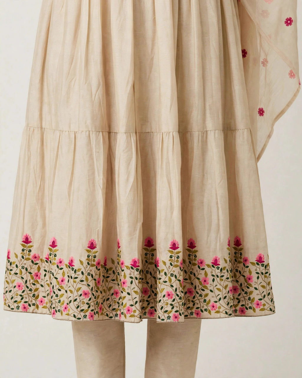 Alarika Beige Floral Embroidered Tiered Anarkali Kurta Set with Dupatta - Cotton Festive Wear