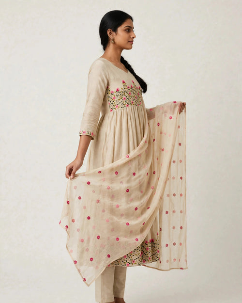 Alarika Beige Floral Embroidered Tiered Anarkali Kurta Set with Dupatta - Cotton Festive Wear