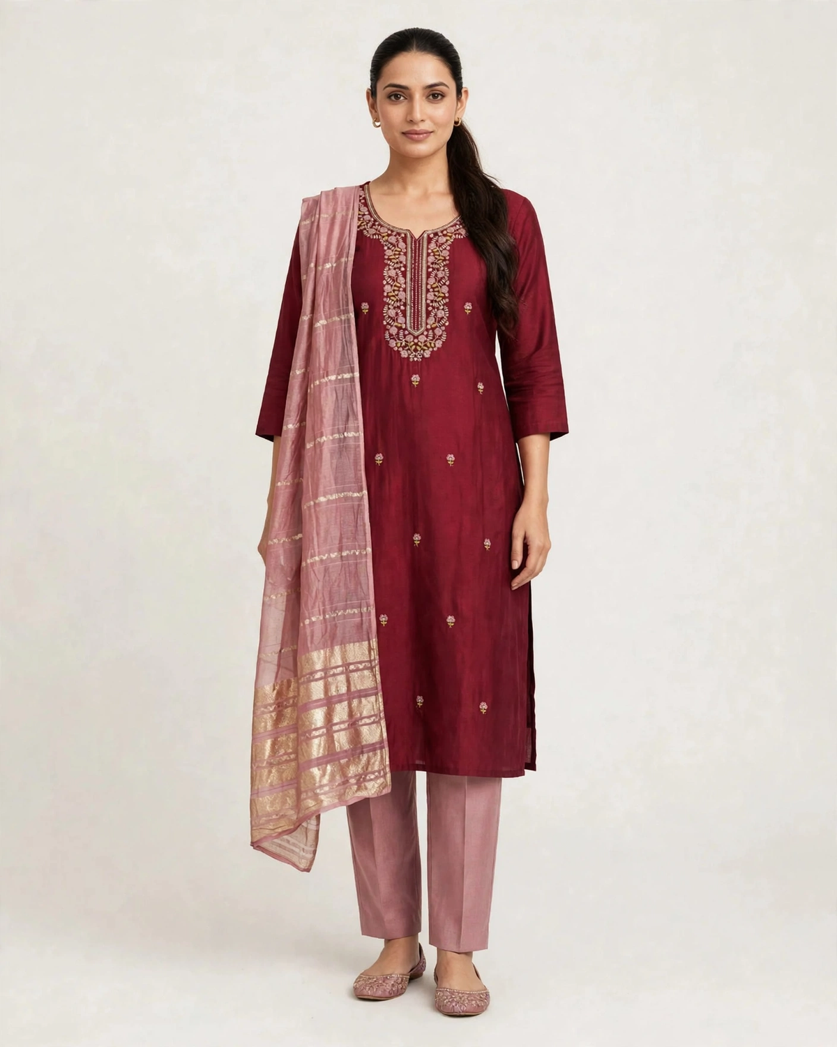 Alarika maroon embroidered kurta set front view white background