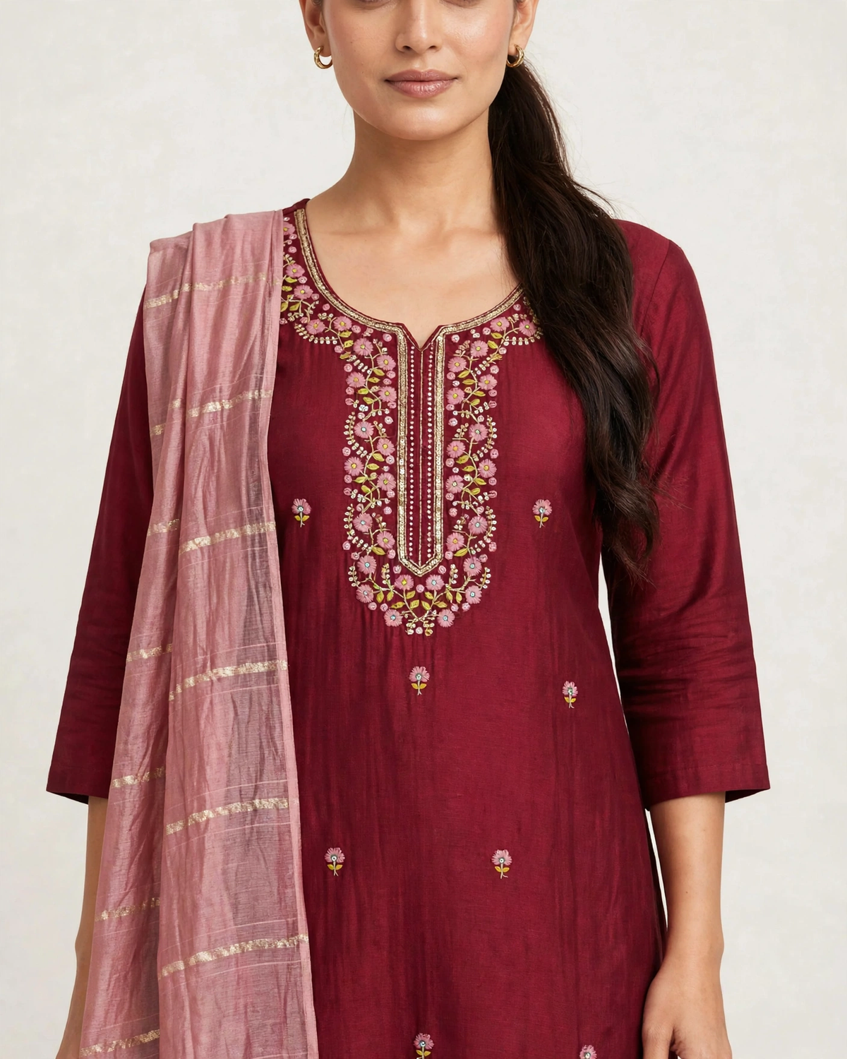 Alarika maroon kurta set embroidery yoke close up detail