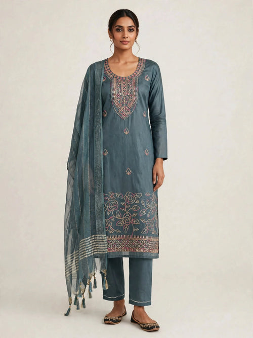 3 PC Kurta Set with Fabric Work - Cotton Dress