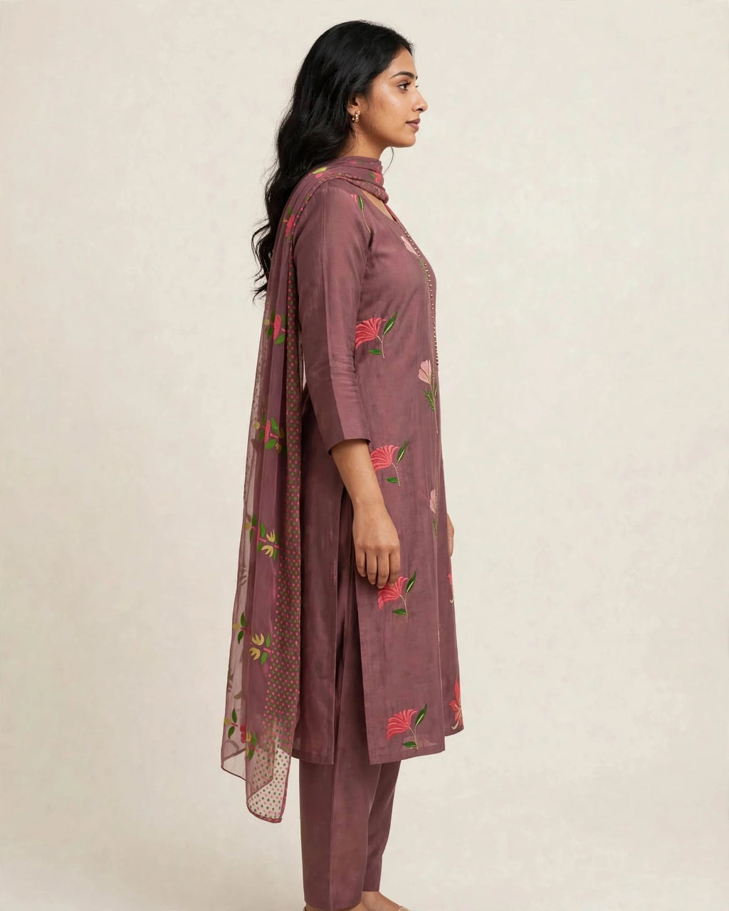 Premium Roman Silk Kurta Set with Heavy Floral Embroidery (3 Pc Set)