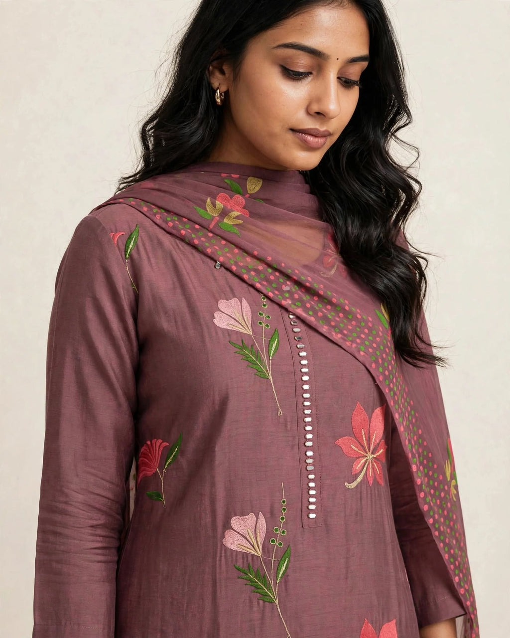 Premium Roman Silk Kurta Set with Heavy Floral Embroidery (3 Pc Set)
