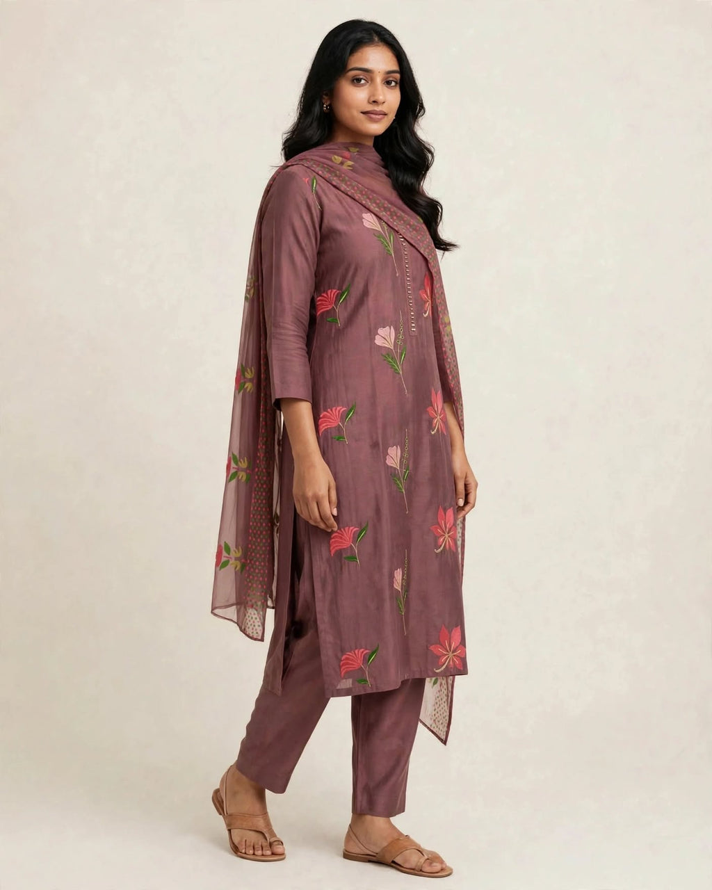 Premium Roman Silk Kurta Set with Heavy Floral Embroidery (3 Pc Set)