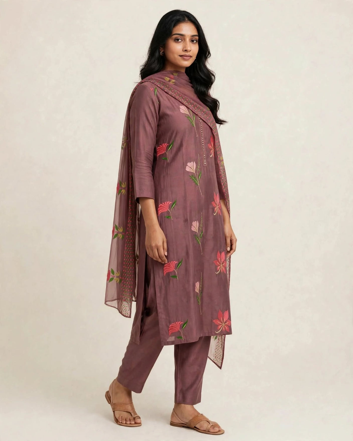 Premium Roman Silk Kurta Set with Heavy Floral Embroidery (3 Pc Set)