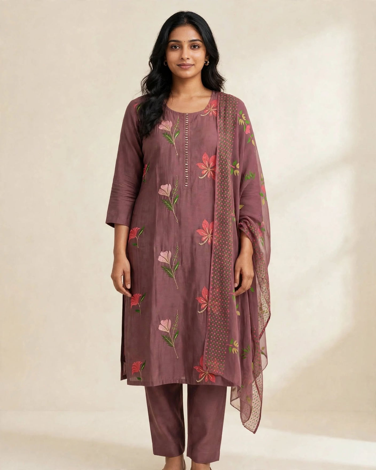 Premium Roman Silk Kurta Set with Heavy Floral Embroidery (3 Pc Set)