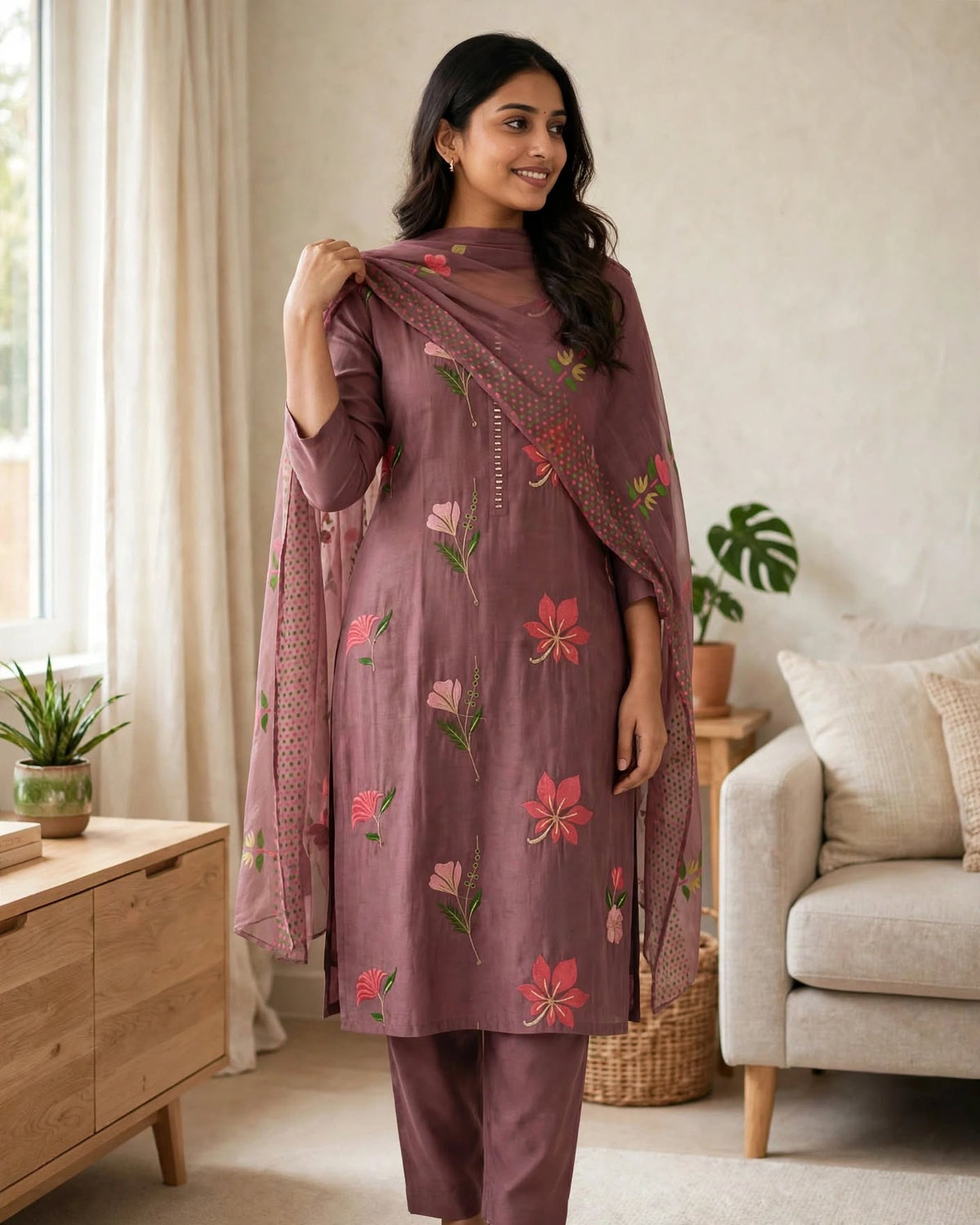 Premium Roman Silk Kurta Set with Heavy Floral Embroidery (3 Pc Set)