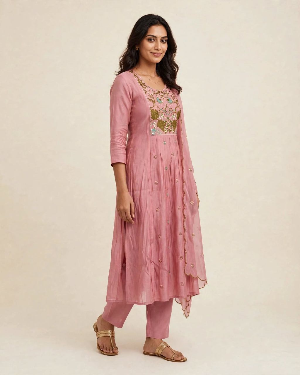 Aarohi Dusty Rose Embroidered Anarkali Kurta Set with Scalloped Dupatta