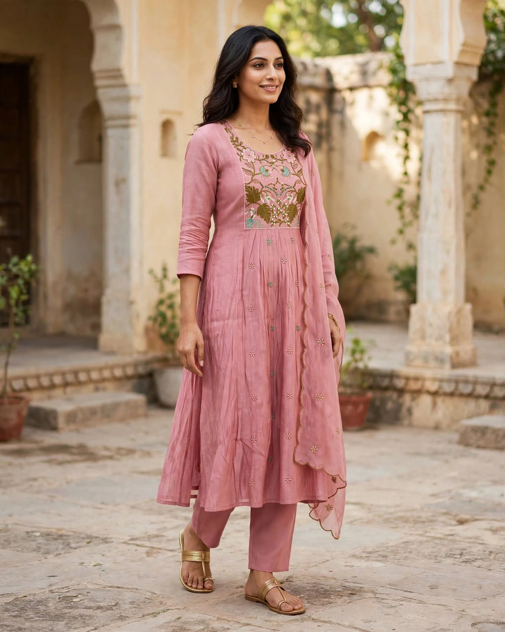 Aarohi Dusty Rose Embroidered Anarkali Kurta Set with Scalloped Dupatta