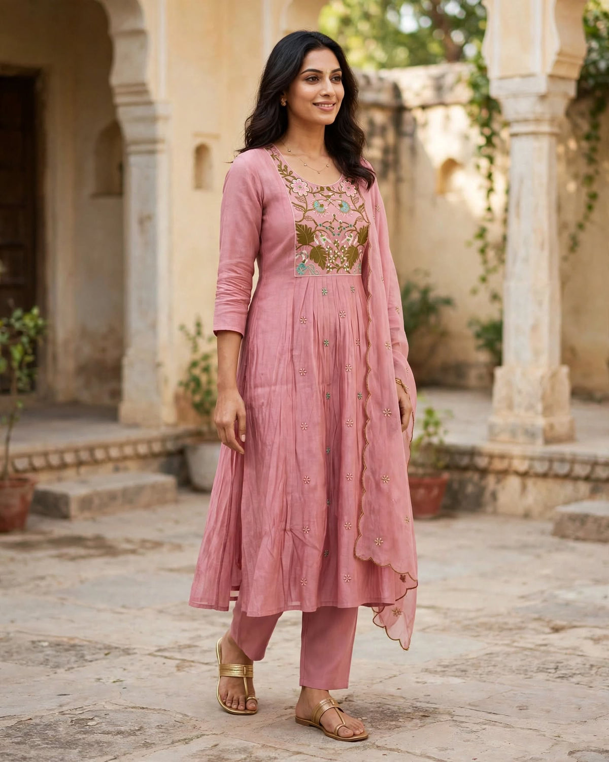 Aarohi Dusty Rose Embroidered Anarkali Kurta Set with Scalloped Dupatta