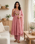 Aarohi Dusty Rose Embroidered Anarkali Kurta Set with Scalloped Dupatta