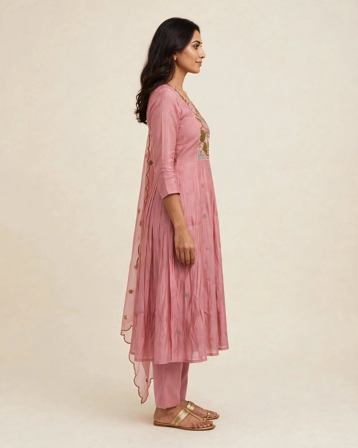 Aarohi Dusty Rose Embroidered Anarkali Kurta Set with Scalloped Dupatta