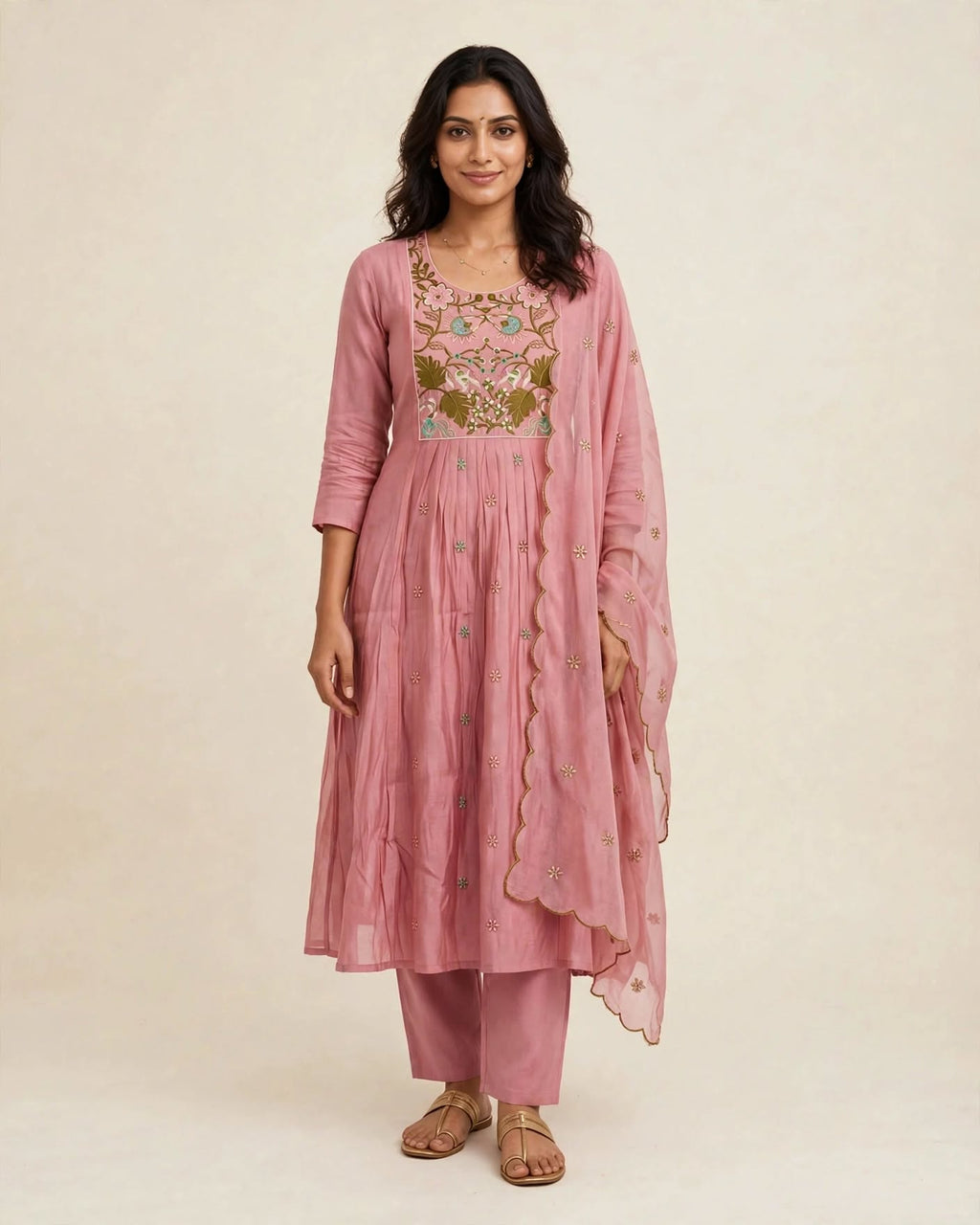 Aarohi Dusty Rose Embroidered Anarkali Kurta Set with Scalloped Dupatta