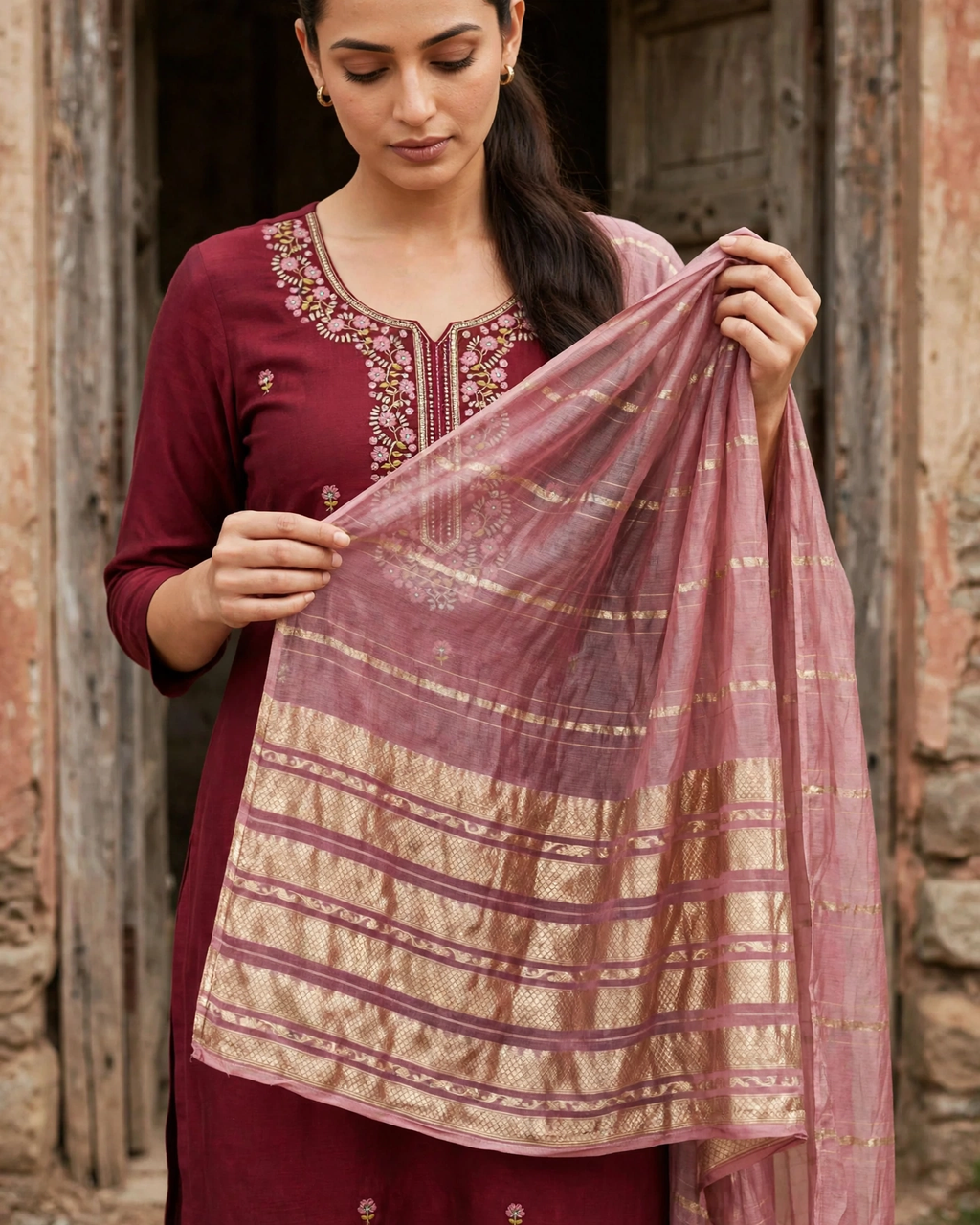 Alarika maroon kurta set dupatta detail heritage backdrop