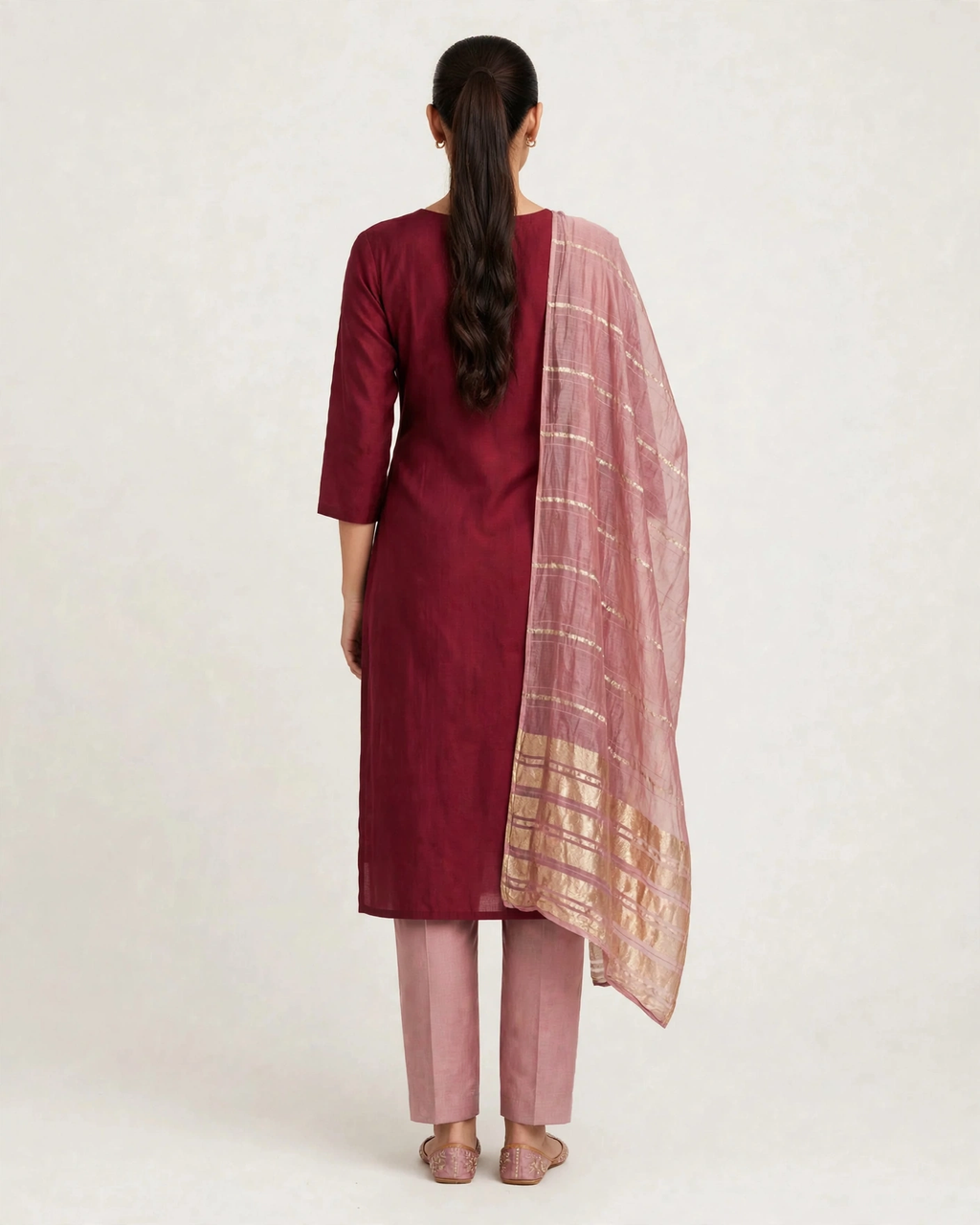 Alarika maroon kurta set back view with pink dupatta