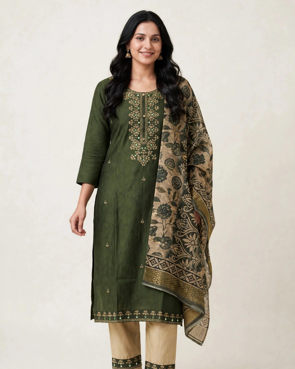 Olive green embroidered kurta set front view white background