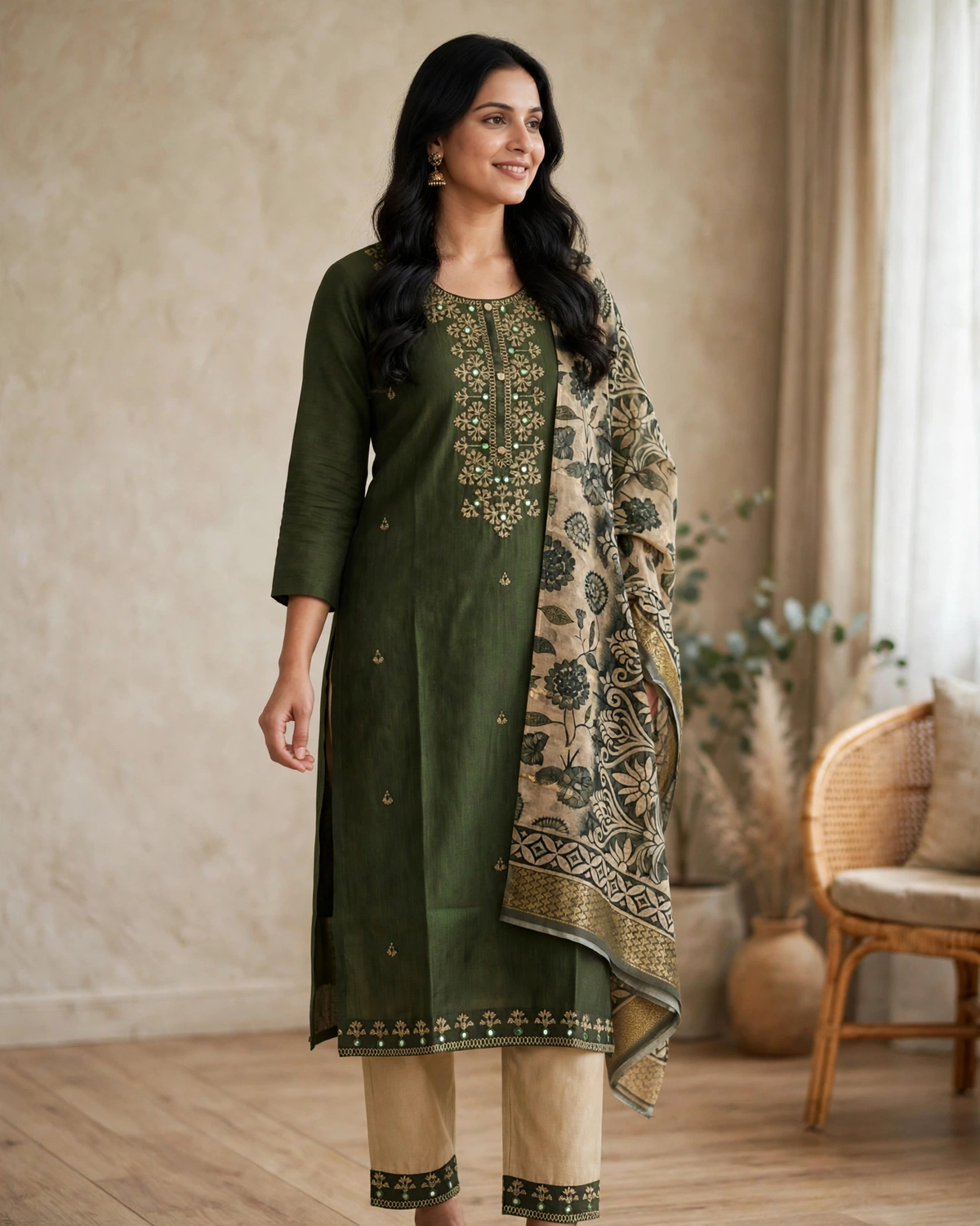 Olive green kurta set lifestyle indoor full length view