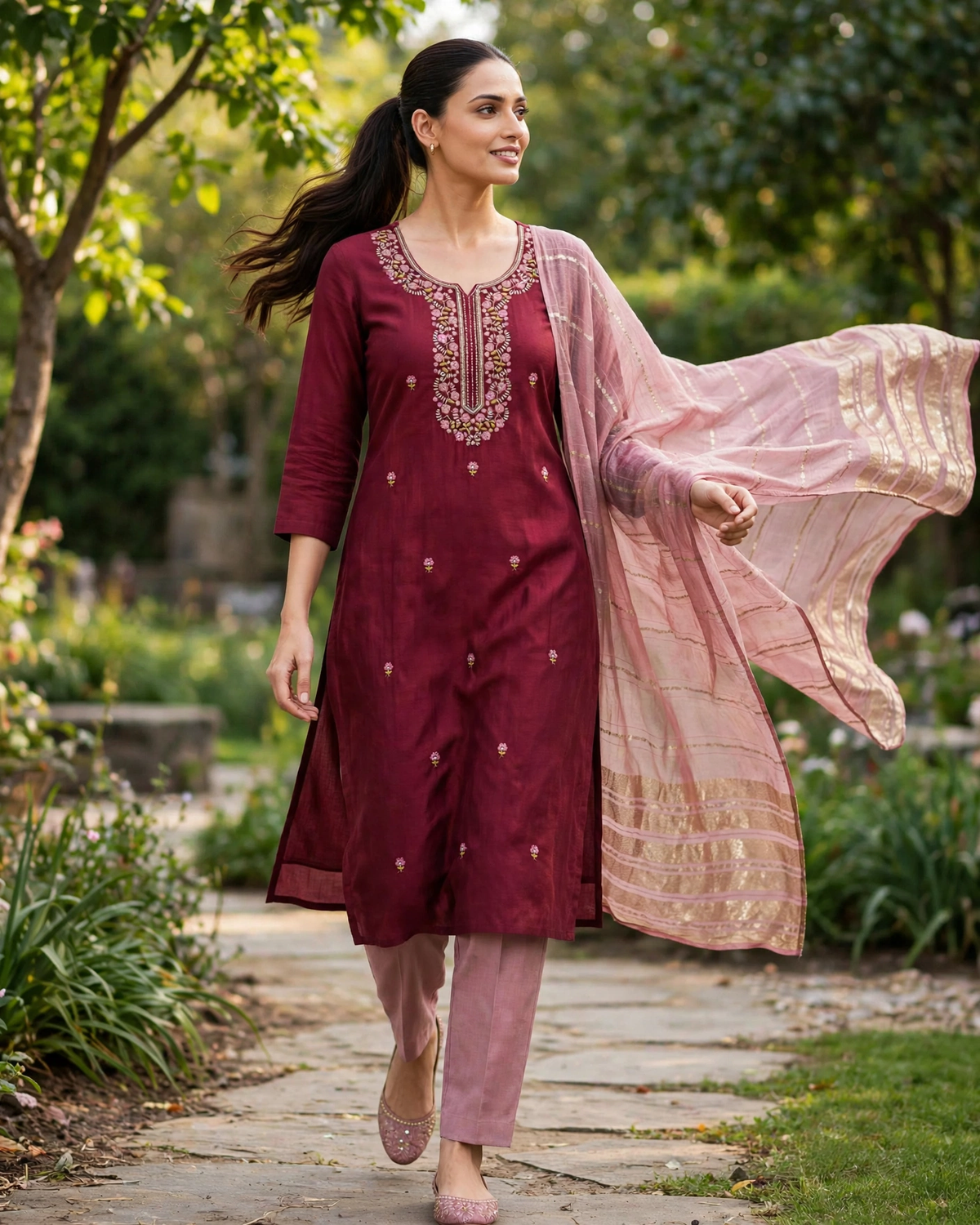 Alarika maroon kurta set outdoor garden lifestyle