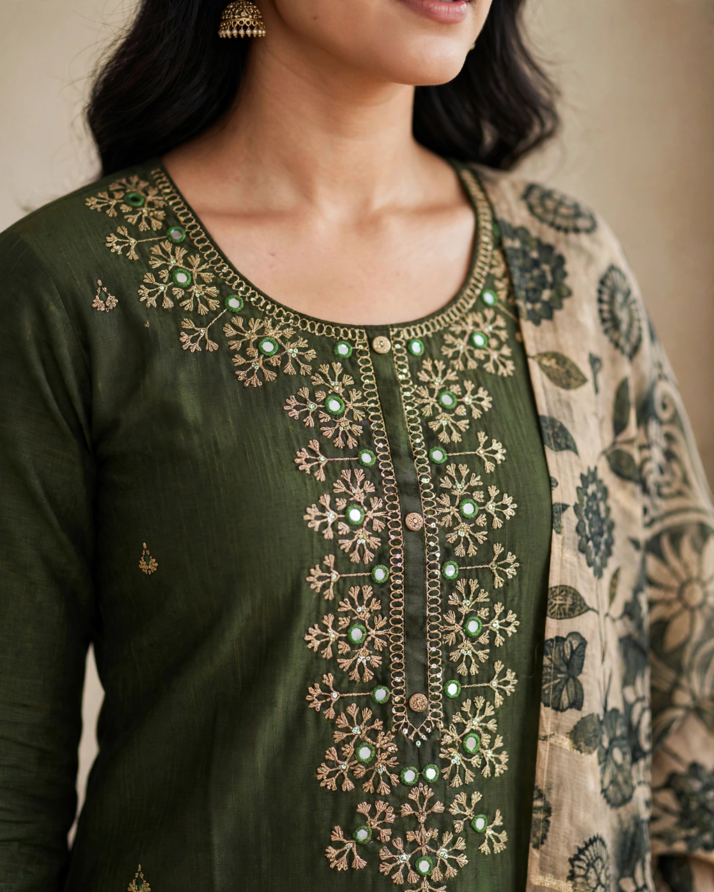 Olive green kurta yoke embroidery close up detail with mirror work