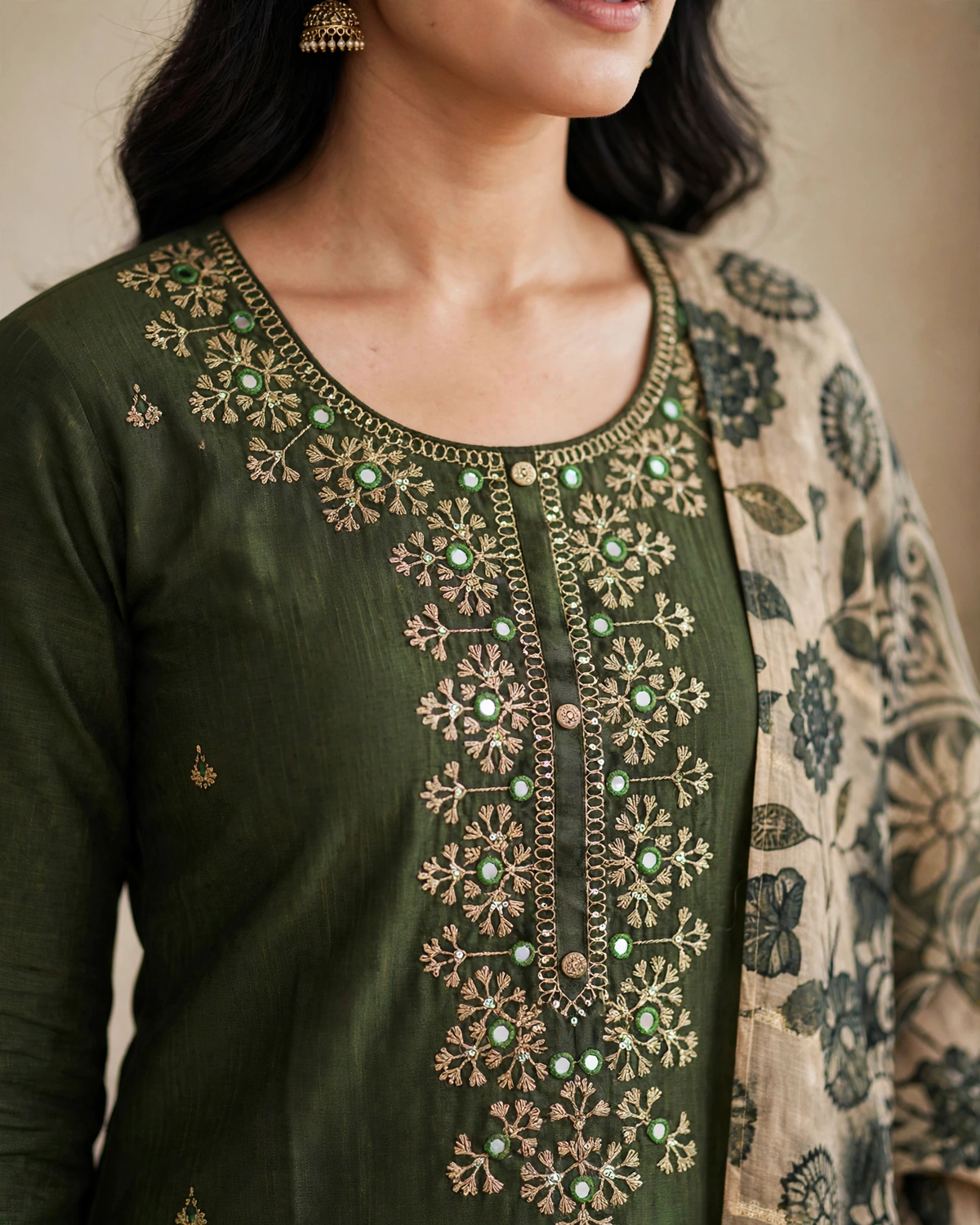 Olive green kurta yoke embroidery close up detail with mirror work