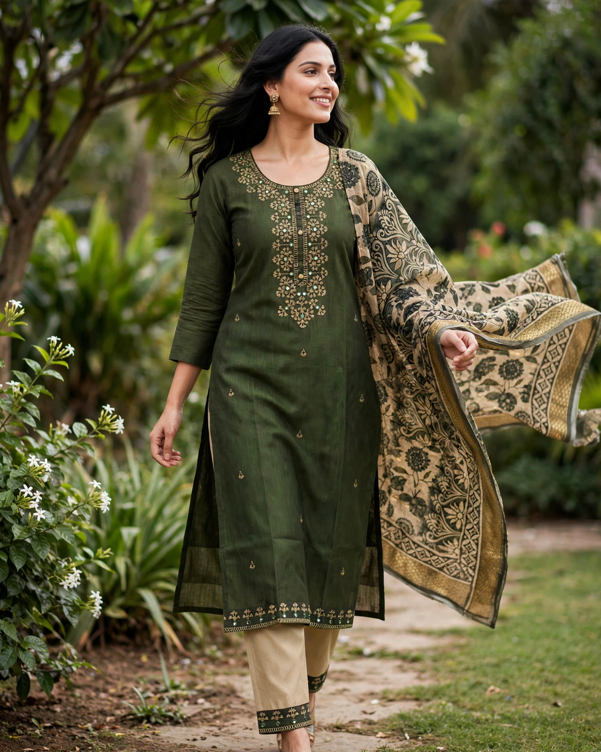 Olive green kurta set outdoor garden lifestyle full length