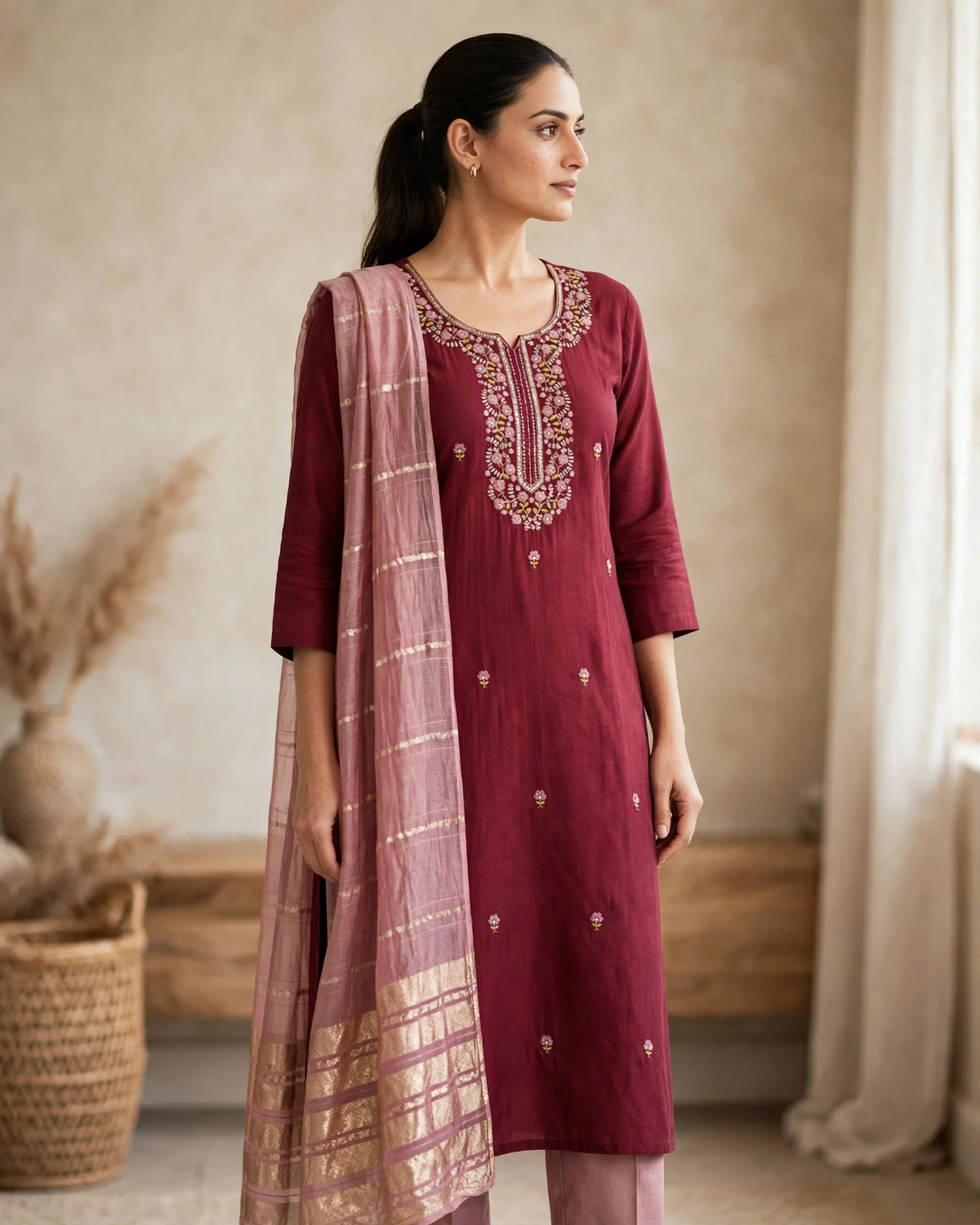 Alarika maroon embroidered kurta set lifestyle side view